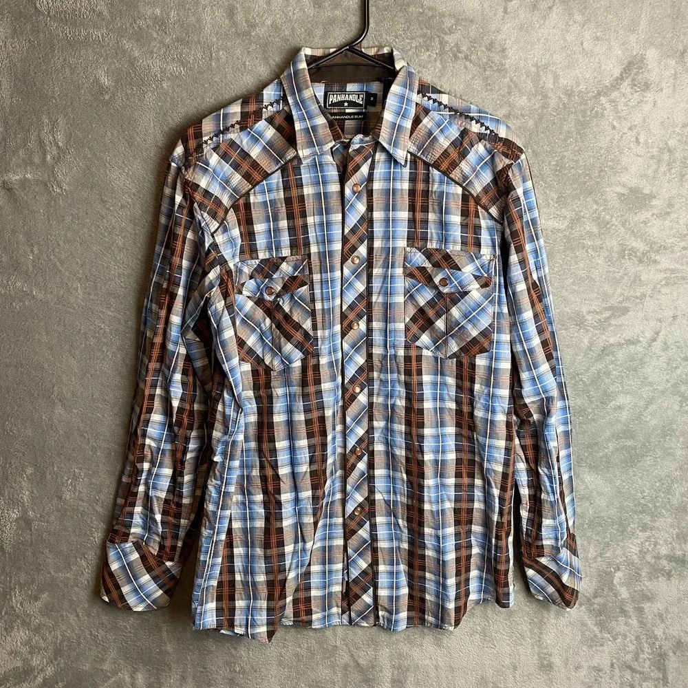 Panhandle Slim Men's M Plaid Western Shirt Blue Brown Embroidered
